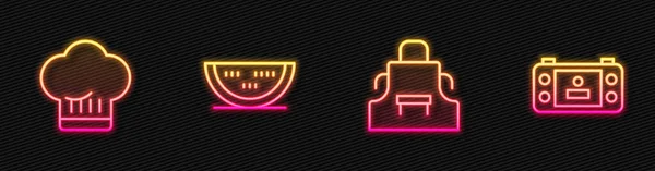 Set line Keukenschort, Chef hoed, Watermeloen en draagbare spelcomputer. Een gloeiend neon icoon. Vector — Stockvector