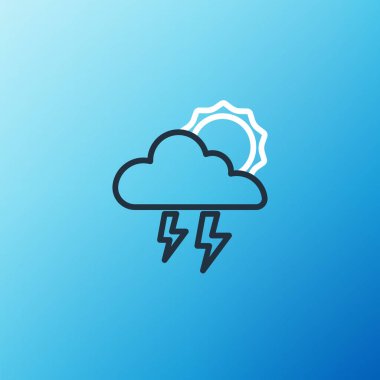 Hat Storm simgesi mavi arkaplanda izole edildi. Şimşek ve güneş işaretli bir bulut. Fırtınanın hava durumu ikonu. Renkli taslak konsepti. Vektör.