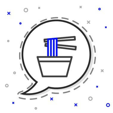 Tabaktaki Asya erişteleri ve beyaz arka planda izole edilmiş yemek çubukları. Sokak yemeği. Kore, Japon, Çin yemekleri. Renkli taslak konsepti. Vektör.