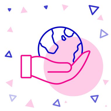 Beyaz arka planda Dünya 'nın simgesini tutan çizgi insan eli. Dünya kavramını sakla. Renkli taslak konsepti. Vektör.