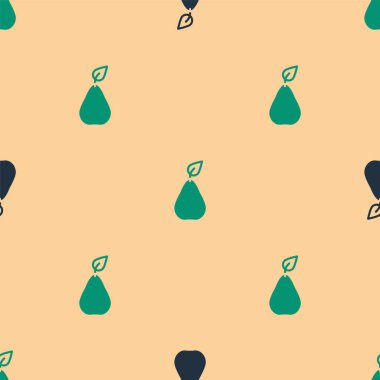 Yeşil ve siyah Armut simgesi, bej arka planda pürüzsüz desen izole etti. Yaprak sembollü meyve. Vektör.