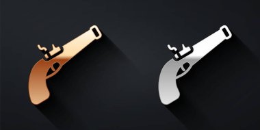 Siyah arka planda izole edilmiş altın ve gümüş renkli tabanca ikonu. Eski bir silah. Uzun gölge tarzı. Vektör.