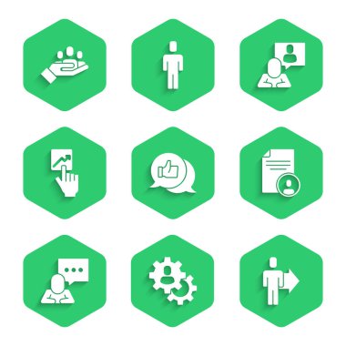 El 'i baş avcı gibi ayarla. Konuşma baloncuğu sohbetine devam et ve insanları arama simgesi yap. Vektör.