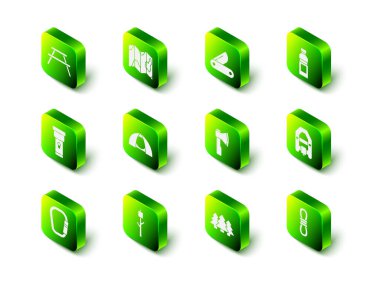 Ormanın yerini haritada belirle İsviçre çakısı şişe suyu Rafting botu tırmanma halatı tahta balta ormanı ve lokum çubuğu ikonu. Vektör.