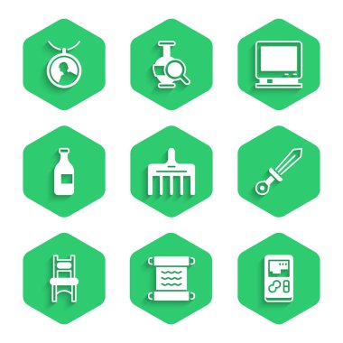 Saç fırçası Papyrus kaydırma video oyunu konsolu Ortaçağ kılıç koltuğu şarap şişesi Retro televizyon ve madalyon kolye ikonu. Vektör.