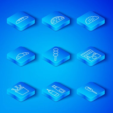 Tavuk bacağını paket kutusundaki köftelere koy. Sos şişesi tezgahında, tente, tortilla, kruvasan ekmeği ve kızarmış sosis ikonuyla birlikte. Vektör.