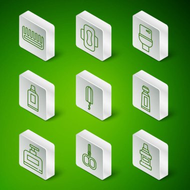 Ağız gargarası şişe, tırnak makası, saç fırçası hijyenik tampon şişesi şampuan ve tüp diş macunu ikonundan peçete temizlemek için ayarlayın. Vektör.