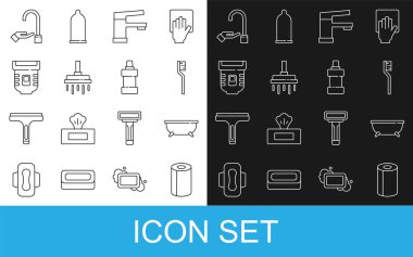 Kağıt havlu rulo, diş fırçası, diş fırçası duş başlığı, epilatör, temizlik malzemesi ikonu için sabun ve şişe ile el yıkama. Vektör.