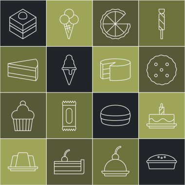 Ev yapımı turta ve yanan mumlar. Kurabiye ya da bisküvili dondurma küvisi. Brownie çikolatası ve ikon. Vektör.