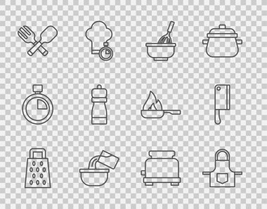 Grater Kitchen apron çırpıcısını kase soslu çatal ve kaşık kaşık biber kızartma makinesi ve et helikopter ikonu ile ayarla. Vektör.