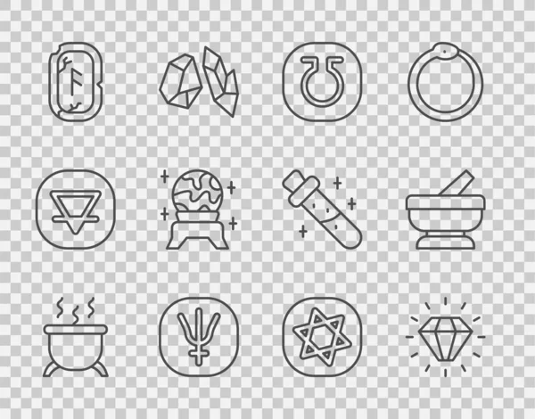 Set Line Witch Cauldron Diamond Life Neptune Planet Magic Runes — Stock Vector