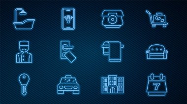 Hat Hotel rezervasyon takvimi Dijital telefon ahizesi kapı kilidi Concierge Bathtub Havlu askısı ve kablosuz kablosuz kablosuz Mobil ikonu. Vektör.