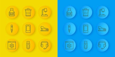 Satır Tarayıcı ayarlama Kalem Cep telefonu kulaklıklar Zımba Yapıştırıcı Masa lambası ve Çöp kutusu simgesi. Vektör.