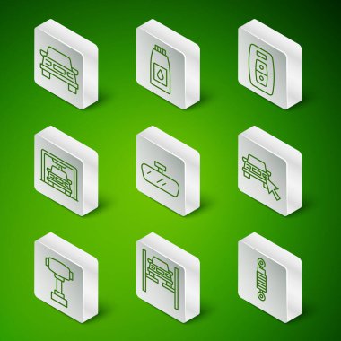 Şok emici asansör aynalı araba tamir aracını motor yağı vites kutusu ve çevrimiçi paylaşım simgesi için ayarla. Vektör.