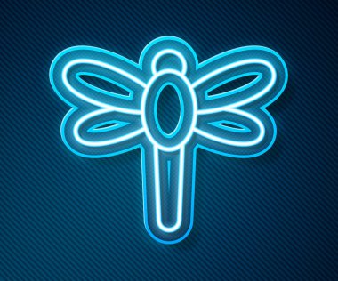 Parlayan neon çizgisi Dragonfly simgesi mavi arkaplanda izole edildi. Vektör.