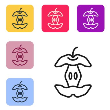 Siyah çizgi Apple çekirdek simgesi beyaz arkaplanda izole edildi. Isırılmış elma sembolü. Elma koçanı silueti. Biyolojik ayrışma işareti. Renkli kare düğmelerle simgeleri ayarla. Vektör.