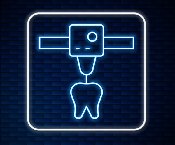 Zářící Neonová Linka Tiskárna Zub Ikona Izolované Pozadí Cihlové Stěny — Stockový vektor