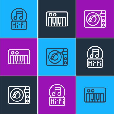 Satır notası, ton, vinil disk ve sentezleyici simgesi olan vinil oynatıcı. Vektör.