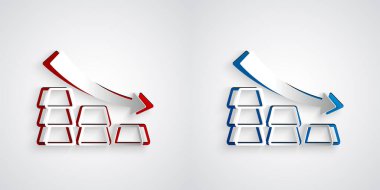 Kağıt kesiği, Gri zemin üzerinde altın külçeleri simgesi olan Finans grafiği düşme grafiği oku. Finansal başarı kavramı. Altın yatırım konsepti. Kağıt sanatı tarzı. Vektör.