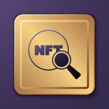 Mor Arama NFT simgesi mor arkaplanda izole edildi. Para iadesi olmayan jeton. Dijital kripto sanat konsepti. Altın kare düğme. Vektör.