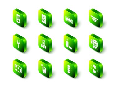 Stereo hoparlörü Klavye Hareket sensörü yazıcı bozuk pil USB flaş bellek şarj seviyesi göstergesi ve kablosuz bilgisayar fare simgesini ayarla. Vektör.