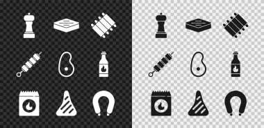 Biber Biftekli et ızgara domuz pirzolası ızgara kömür torbası sosis şiş kebap ve ikon. Vektör.