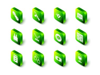 Minimum makineli tüfek Diamond Sound ya da ses kaydedici Drum müzik, cam vinil disk yığını kağıt para ve kelepçe ikonu ayarlayın. Vektör.