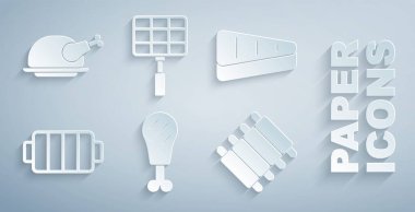 Tavuk budu bifteği ızgara ızgara ızgara domuz pirzolası çelik kaburga ızgarası ve kızarmış hindi tavuk ikonu. Vektör.