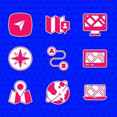 Dünya Şehri haritası navigasyon cihazının yörüngesindeki rota uydularını Katlanmış işaretleyici Rüzgar gül monitörü ve simgesi ile ayarla. Vektör.