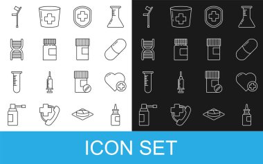 Şişe burun spreyi kalbini çapraz ilaç hapı ya da tablet tıbbi kalkan DNA sembolü koltuk değneği ve ikon ile ayarla. Vektör.