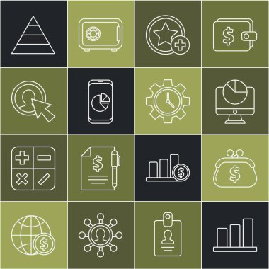 Bilgisayar monitörü Yıldız Mobil telefon kullanıcısı insan giysisi Piramit bilgi grafikleri ve zaman yönetimi simgesi ile birlikte çizgi çizelgesi bilgi bilgisi cüzdanı ayarlayın. Vektör.