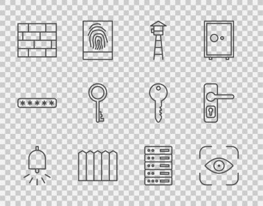 Alarm Çanı Çalan Göz Tarama Kulesi Çiti Tahta Tuğlalar Eski Anahtar Sunucusu Web Sunucusu Sunucusu ve Kapı Kullanma simgesi. Vektör.