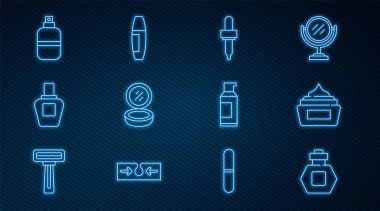 Saç spreyi ve Mascara fırçası ikonu için ayna spreyi kutulu parfüm kremi ya da losyon kozmetik tüp makyaj tozu ayarla. Vektör.