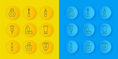 Nail dosya kremi ya da losyon kozmetik tüp Epilatör Parfümü ve Mascara fırça simgesini ayarla. Vektör.