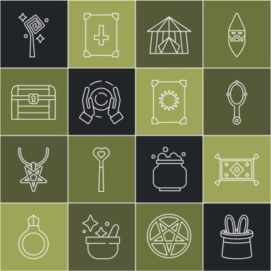 Sihirbaz şapkası ve tavşan kulakları Antik hazine sandığı asası ve Antik büyü kitabı ikonu üzerinde sirk çadırı topu aynasından. Vektör.