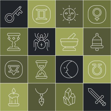 Ortaçağ Kılıcı Hayat, alarm zilini çalar. Güneş örümceği kadehi, eski anahtar, havan topu ve tokmak simgesi. Vektör.