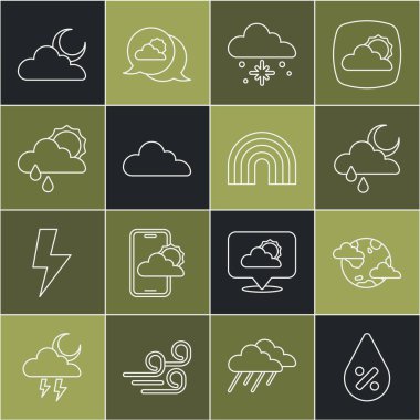 Bulut yağmuru, ay karı güneşi ve Gökkuşağı ikonu olan Dünya gezegeninin su damlası yüzdesini ayarla. Vektör.