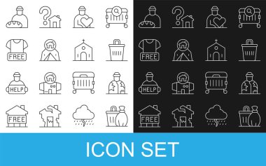 Çöp Kutusu Evsiz Gönüllü Turist Çadırı Kıyafetleri Evsizlere Bağış ve Kilise Binası ikonu. Vektör.