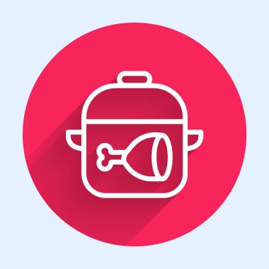 Beyaz çizgili tencere ve uzun gölgeli tavuk budu ikonu. Tavuk budu. Kırmızı daire düğmesi. Vektör.