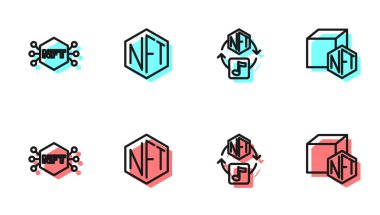 NFT dijital şifreleme sanatı ve simgesini ayarla. Vektör