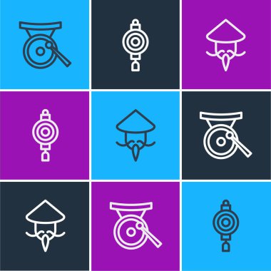 Set hattı Gong müzik aleti, Asya veya Çin konik hasır şapka ve kağıt fener ikonu. Vektör