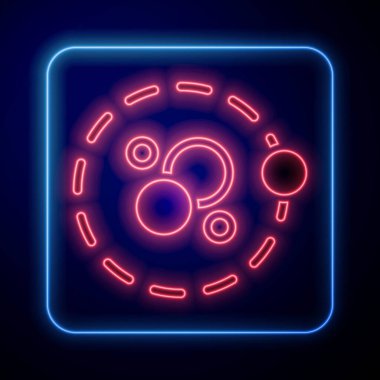 Parlayan neon atom simgesi siyah arkaplanda izole edildi. Bilimin, eğitimin, nükleer fiziğin, bilimsel araştırmaların sembolü. Vektör.