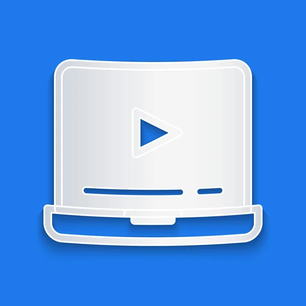 Papírvágás Online Játék Video Ikon Elszigetelt Kék Háttérrel Laptop Filmszalag — Stock Vector