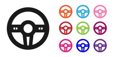 Siyah direksiyon simgesi beyaz arkaplanda izole edilmiş. Araba tekeri ikonu. Simgeleri renklendirin. Vektör.