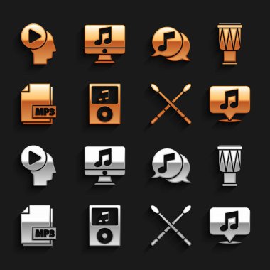 Müzik çalar Drum Müzik notasını konuşma baloncuğuna yerleştir MP3 dosya belgesini Yapıştır Düğme ve Bilgisayar müzik simgesi ile insanların başını tut. Vektör.