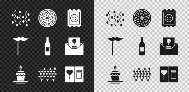 Kutlama konfetisi Pizza LSD asitli kek, yanan mumlar, yılbaşı ışıkları, tebrik kartı kağıt bıyık çubuğu ve bira şişesi ikonu. Vektör.