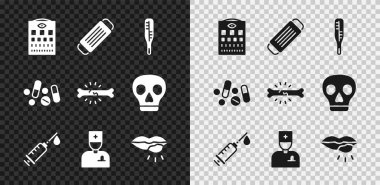 Göz testi çizelgesini, tıbbi koruyucu maske termometre, erkek doktor, dudak iltihabı hapı ve kemik ağrısı ikonunu hazırlayın. Vektör.