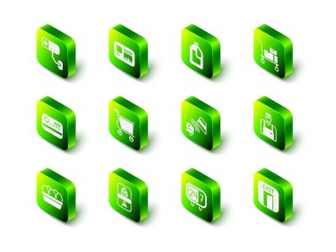 Kimlik kartı şişesini temizleme aracı El Tırı ve kutu satıcısı yangın çıkışı POS terminali için kredi kartı saati 24 saat ve balık plastik kap ikonu olarak ayarla. Vektör.