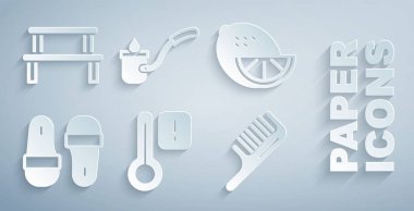 Sauna termometresi limon terliklerini saç fırçası kepçesini ve ahşap bank ikonunu ayarla. Vektör.