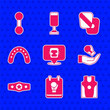 Boks kask eldiveni forması ve tişört kemeri Ağız Bekçisi boksör boksör patileri ve Dumbbell ikonu. Vektör.